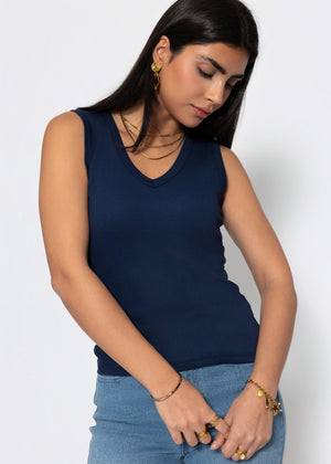 Rib-knit V-neck top - dark blue