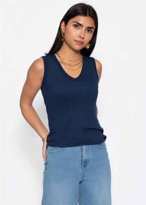 Rib-knit V-neck top - dark blue