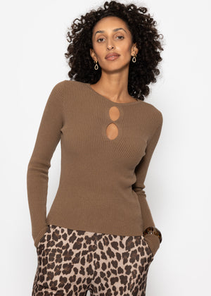Ribbed knit top with cut-outs - brown