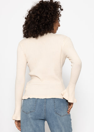 Ribbed knit top with bow at the neckline - beige