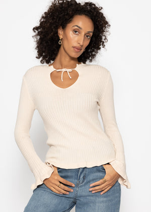 Ribbed knit top with bow at the neckline - beige