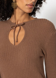 Ribbed knit top with bow at the neckline - brown