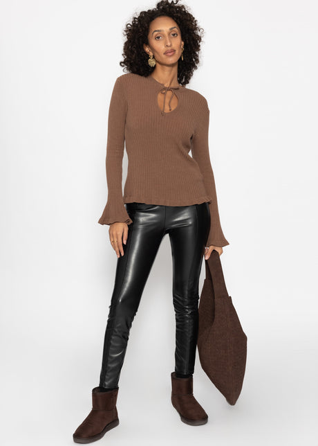 Ribbed knit top with tie at the neckline - brown