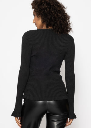 Rippstrickoberteil mit Bindeband am Ausschnitt - schwarz