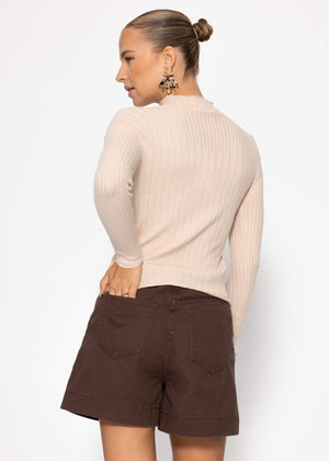 Rippstrickoberteil mit Stehkragen - beige