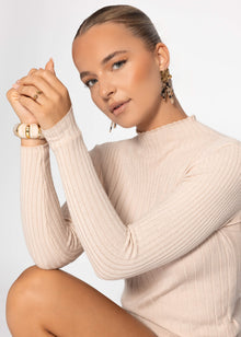Rippstrickoberteil mit Stehkragen - beige