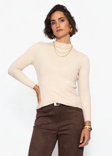 Rippstrickoberteil mit Stehkragen - beige