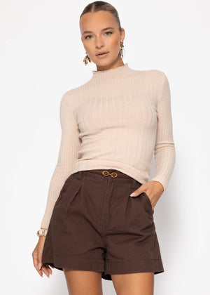 Rippstrickoberteil mit Stehkragen - beige