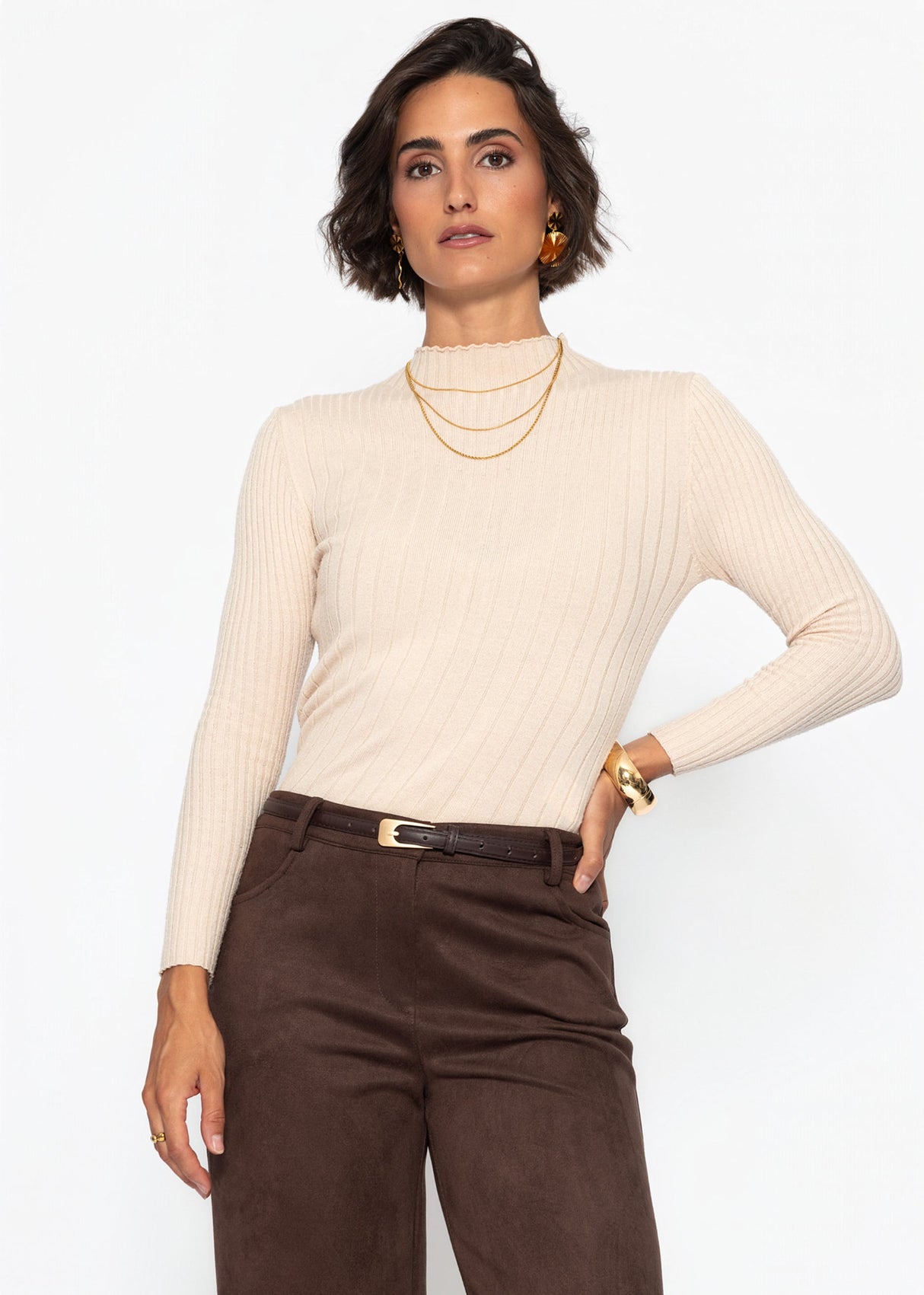 Rippstrickoberteil mit Stehkragen - beige