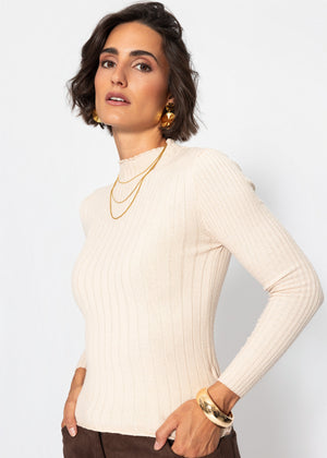 Rippstrickoberteil mit Stehkragen - beige