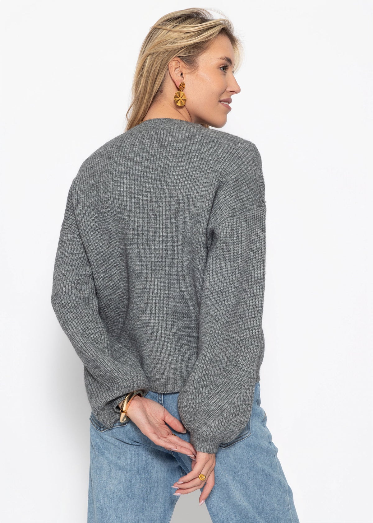 Rippstrickpullover mit hohem V-Ausschnitt - grau