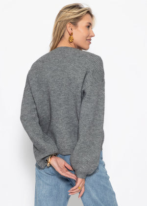 Rippstrickpullover mit hohem V-Ausschnitt - grau