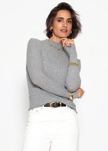Rib knitting sweater with stand -up collar - gray