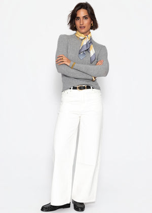 Rib knitting sweater with stand -up collar - gray