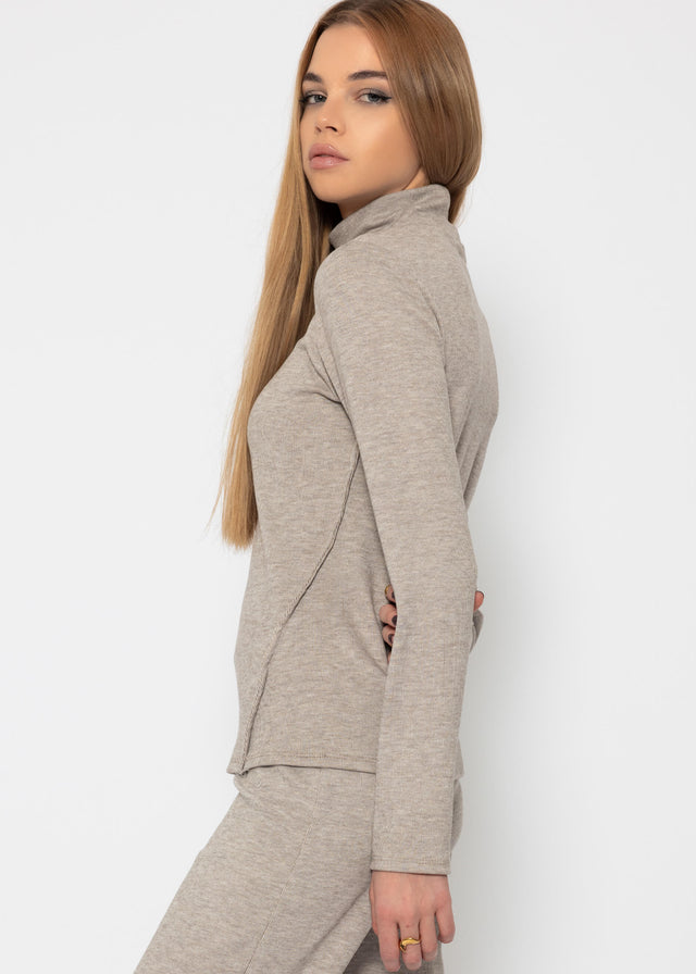 Roll neck top with decorative stitching - taupe marl