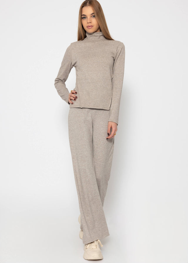 Roll neck top with decorative stitching - taupe marl
