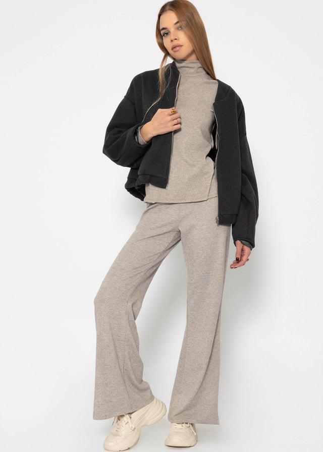 Roll neck top with decorative stitching - taupe marl