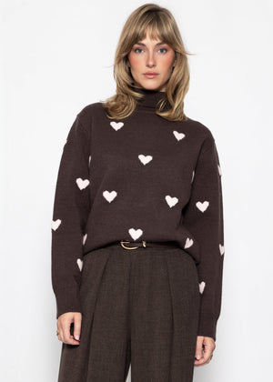 Rollkragenpullover mit Herzmuster - braun