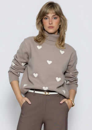 Rollkragenpullover mit Herzmuster - taupe