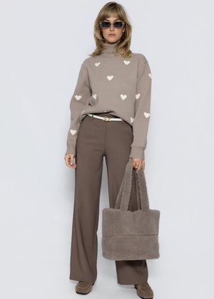 Rollkragenpullover mit Herzmuster - taupe