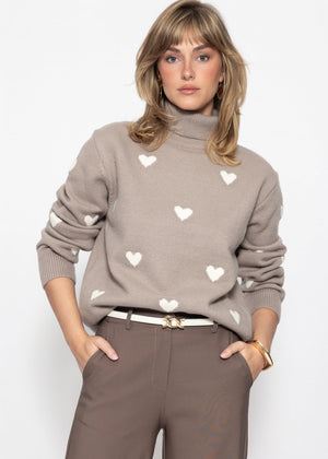 Rollkragenpullover mit Herzmuster - taupe