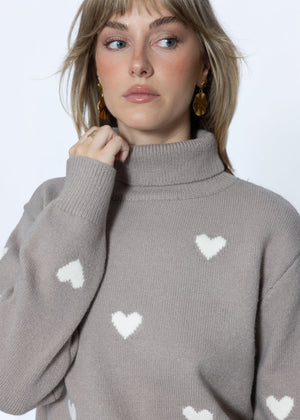 Rollkragenpullover mit Herzmuster - taupe