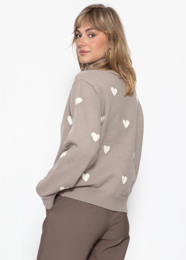 Rollkragenpullover mit Herzmuster - taupe