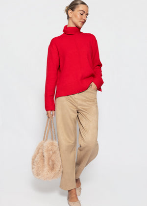 Rollkragenpullover mit Ziernaht - rot