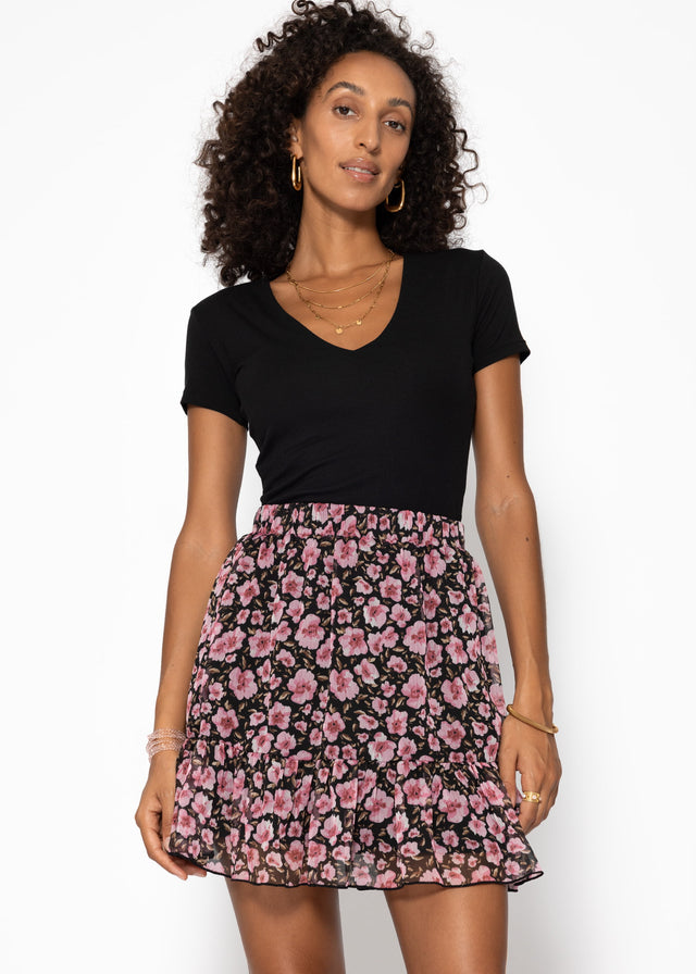 Ruffle skirt with floral print - black