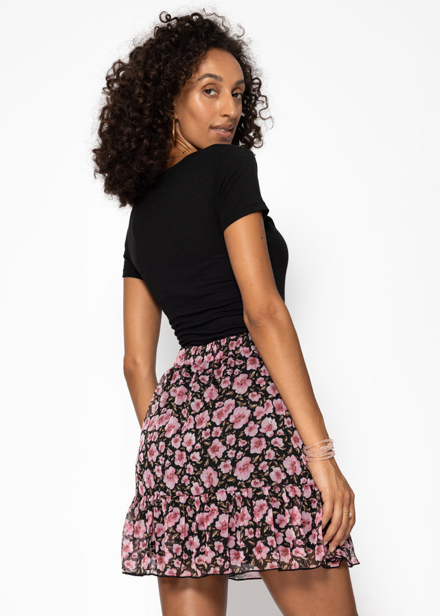 Ruffle skirt with floral print - black