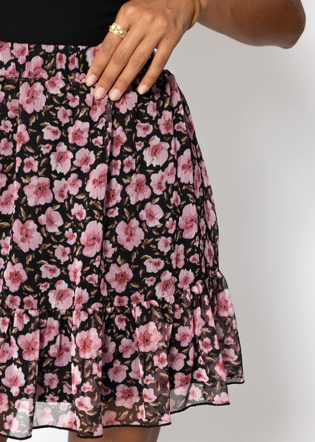 Ruffle skirt with floral print - black