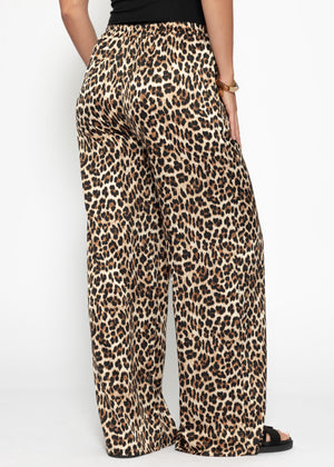 Satin Hose mit Leo-Print - braun