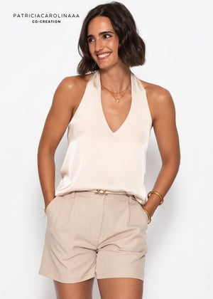 Satin Neckholder Top mit V-Ausschnitt - beige