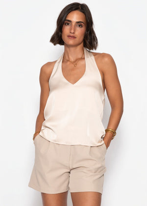 Satin Neckholder Top mit V-Ausschnitt - beige