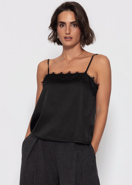 Satin Top mit Spitze - schwarz