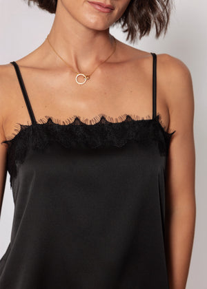 Satin Top mit Spitze - schwarz