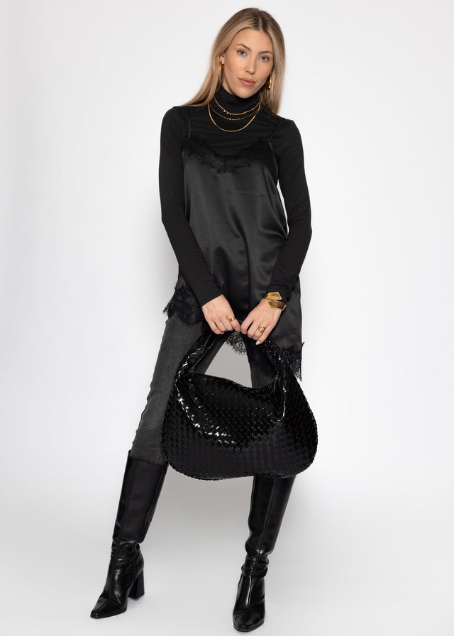 Satin-Top mit Spitze und asymmetrischem Saum - schwarz