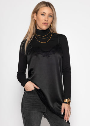 Satin-Top mit Spitze und asymmetrischem Saum - schwarz