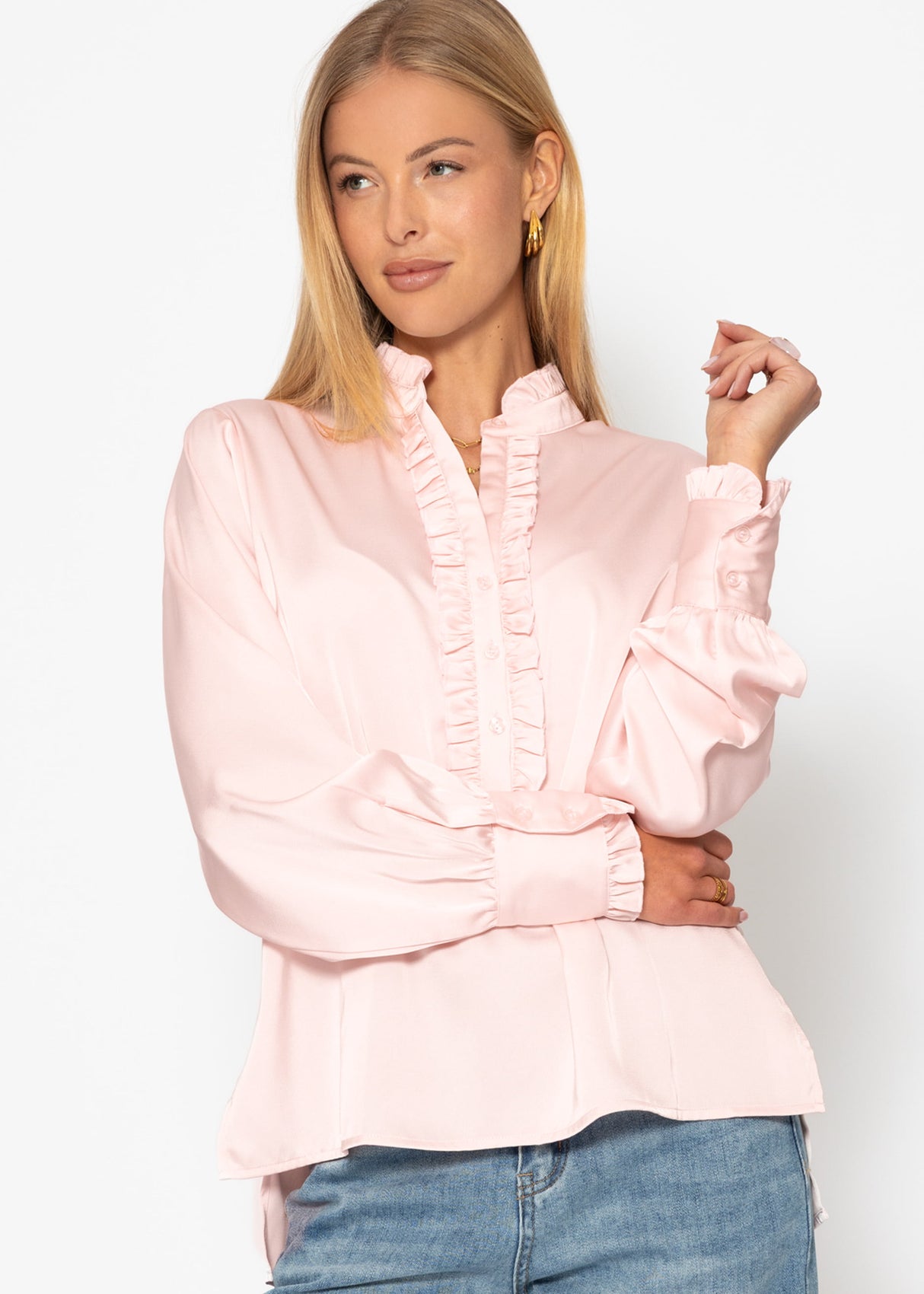 Satinbluse mit Rüschen - rosa