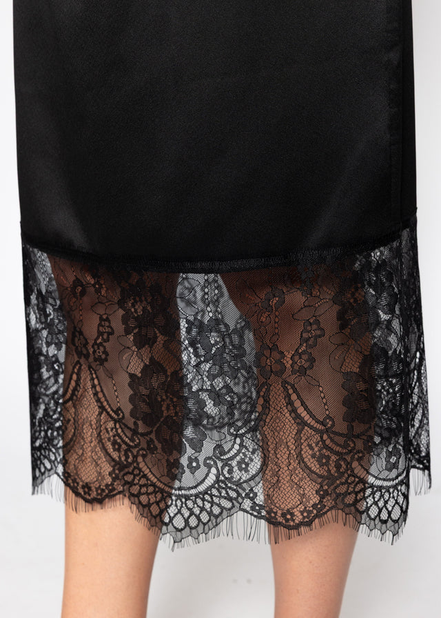 Satin skirt with lace hem - black