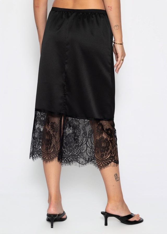 Satin skirt with lace hem - black