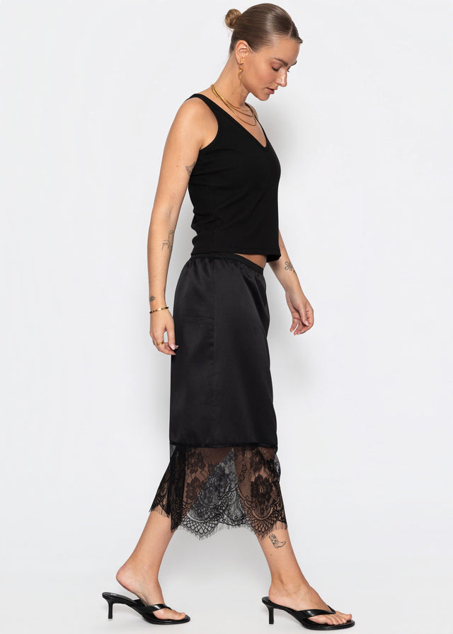 Satin skirt with lace hem - black