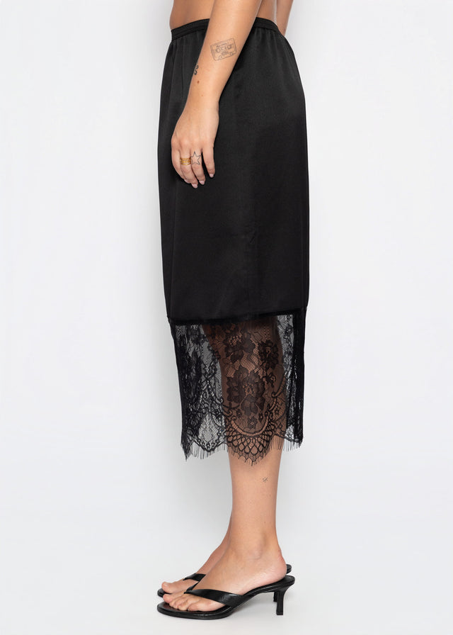 Satin skirt with lace hem - black