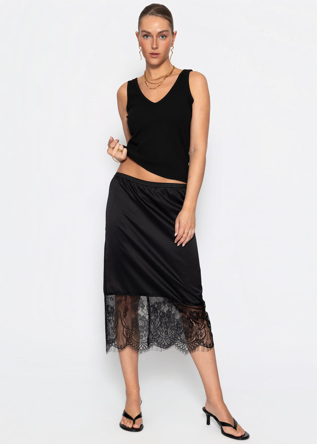 Satin skirt with lace hem - black