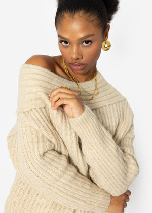 Off-the-shoulder knitted sweater - light beige