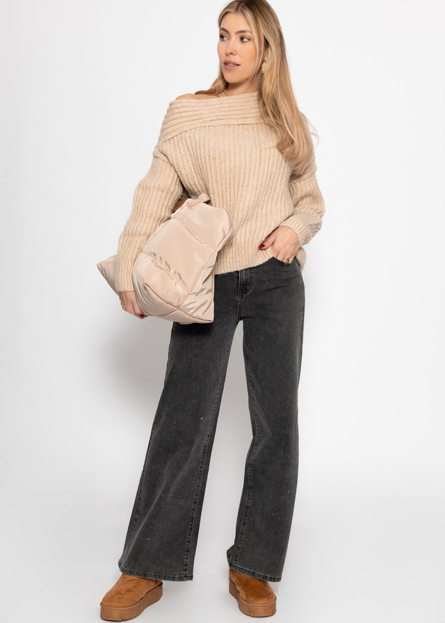 Schulterfreier Strickpullover - hellbeige