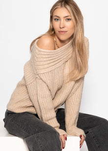 Schulterfreier Strickpullover - hellbeige