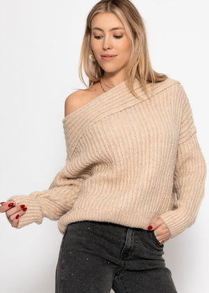 Schulterfreier Strickpullover - hellbeige