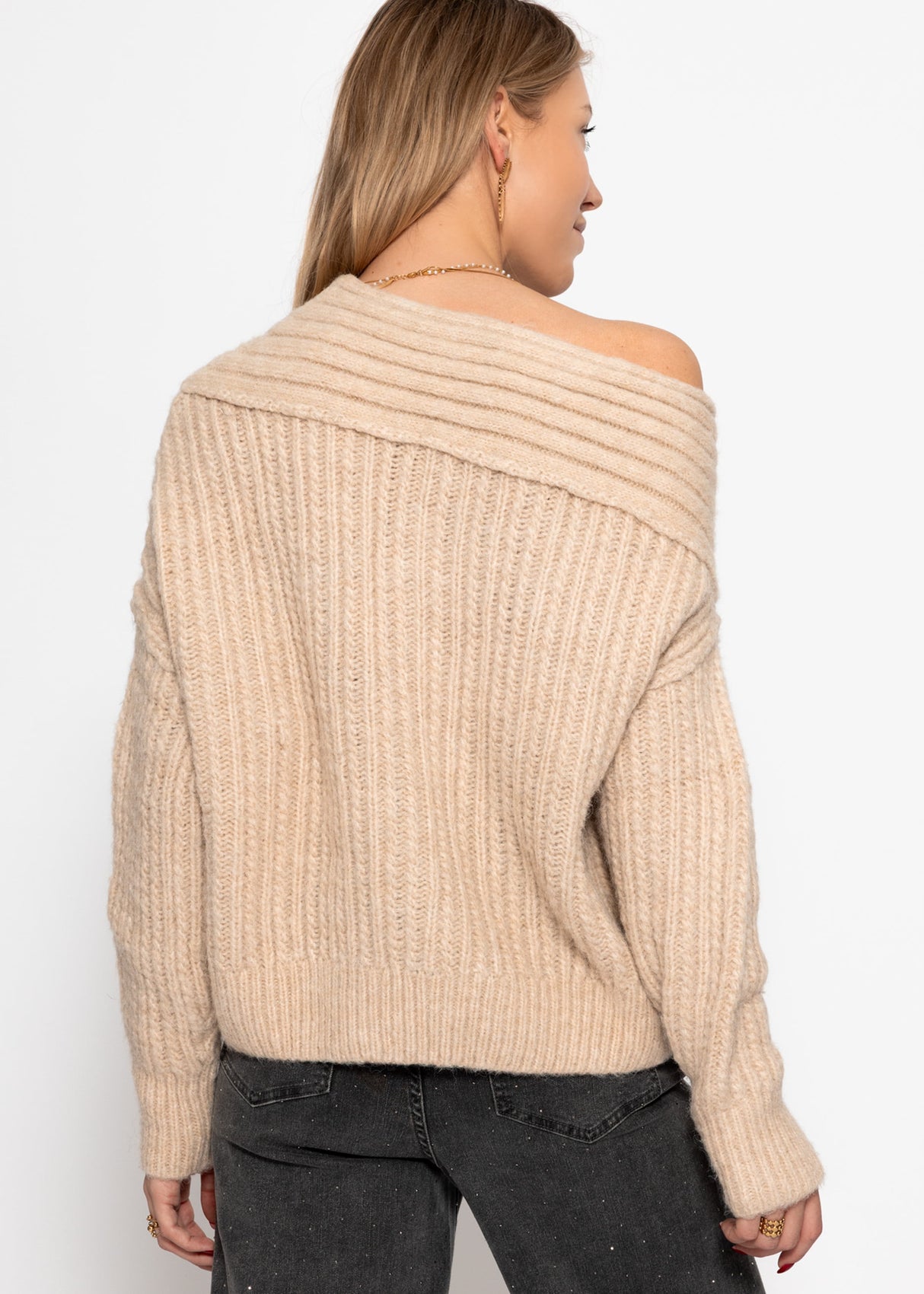 Schulterfreier Strickpullover - hellbeige