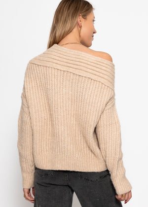 Schulterfreier Strickpullover - hellbeige